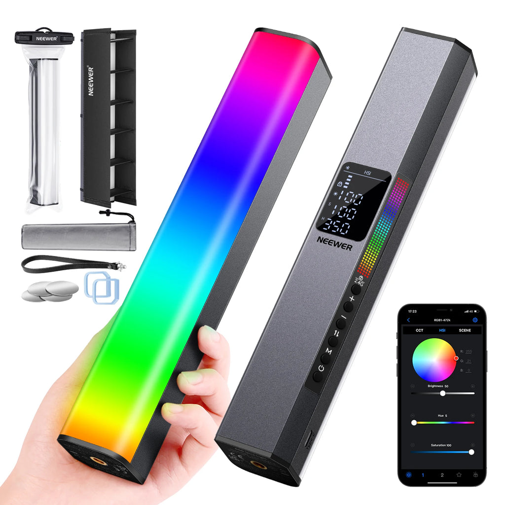 Handheld RGB LED light stick with a digital display, light-diffusing grid, and mobile app controls for photography.
