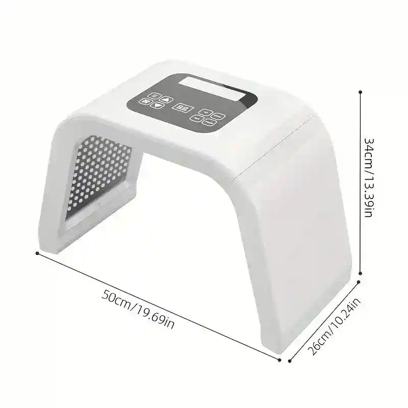 White arched LED light therapy lamp with digital controls. Measures 50x34x26cm for professional skincare use.