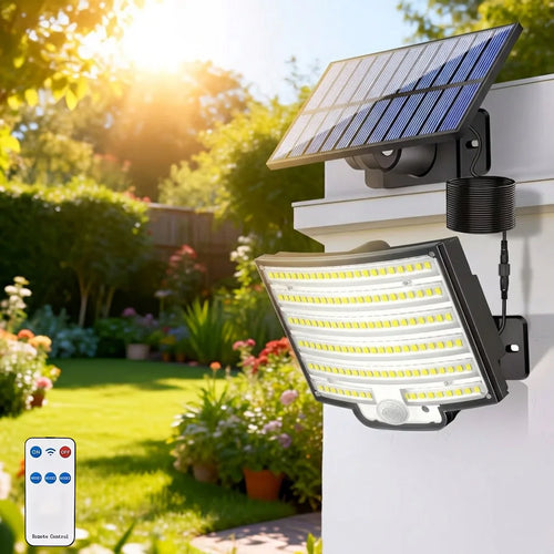 Wall-mounted black solar flood light with angled solar panel and bright LED array