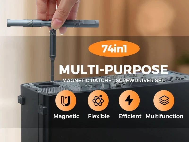 74 In 1 Ratchet Screwdriver Set Magnetic Precision Bit Kit Detachable T Handle Portable Repair Tool for Phone Laptop Computer Eyeglasses Bicycle Electronics DIY Home Maintenance Multi Function Hand Tools Torx Hex Phillips Scr