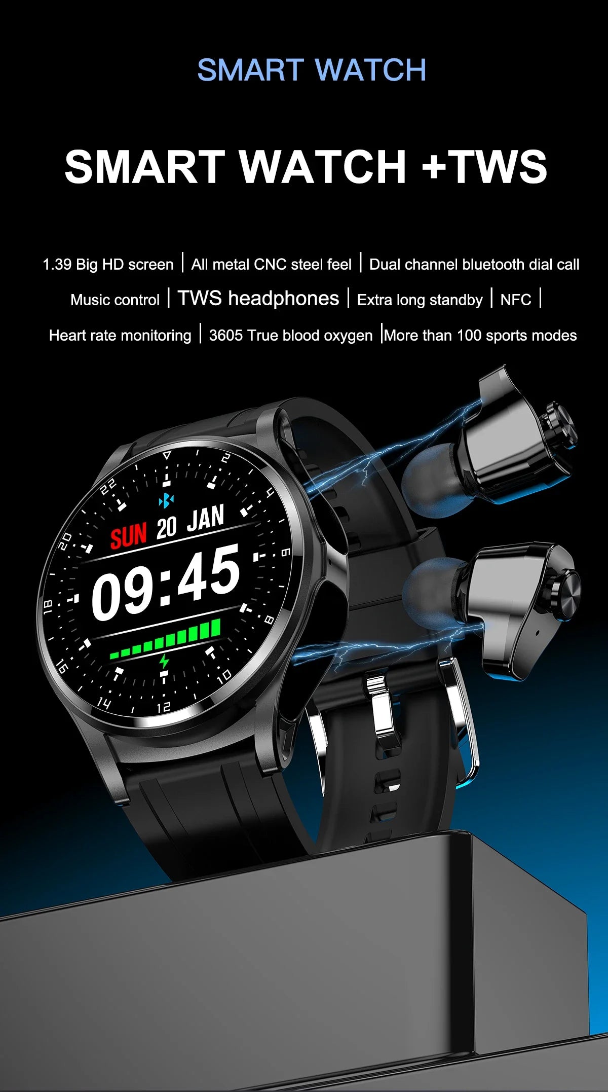 New NFC Smartwatch TWS Bluetooth Headset Two-In-One 1.39HD Display IP67 Waterproof Heart Rate Monitor Male Sports Smartwarch