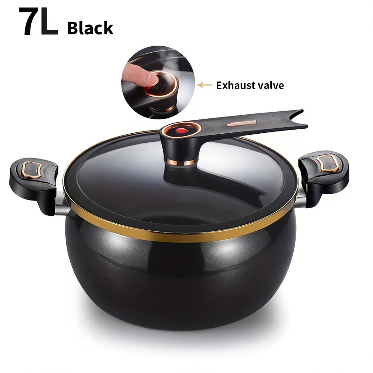 7L black pressure cooker with black lid, side handles, and top exhaust valve