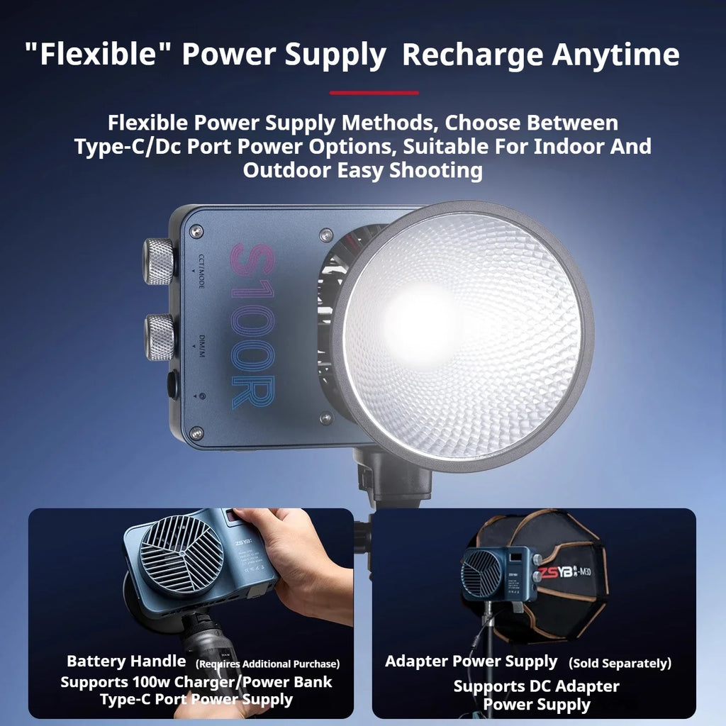 S100R LED video light in blue, featuring a round reflector, dual power ports, and multiple mounting options.