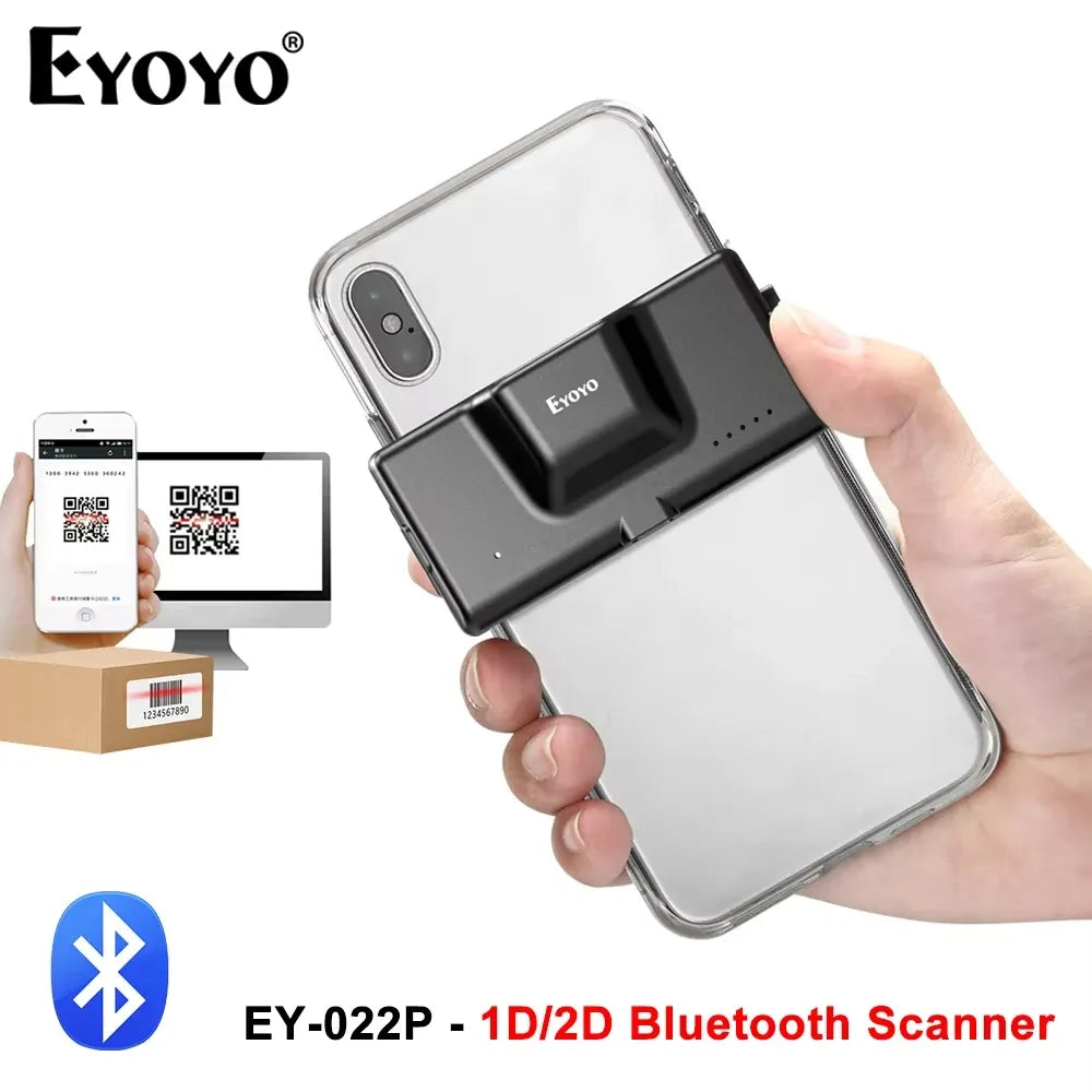Adjustable back clip 2D Bluetooth barcode scanner attached to a smartphone
