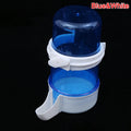 Blue and white automatic plastic bird water dispenser for parrot cages, easy-refill pet feeding cup.