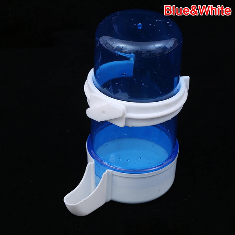 Blue and white automatic plastic bird water dispenser for parrot cages, easy-refill pet feeding cup.