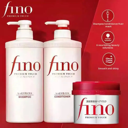 Fino Premium Touch hair care set for damaged hair, side angle view of deep repair shampoo, conditioner, and hair mask.