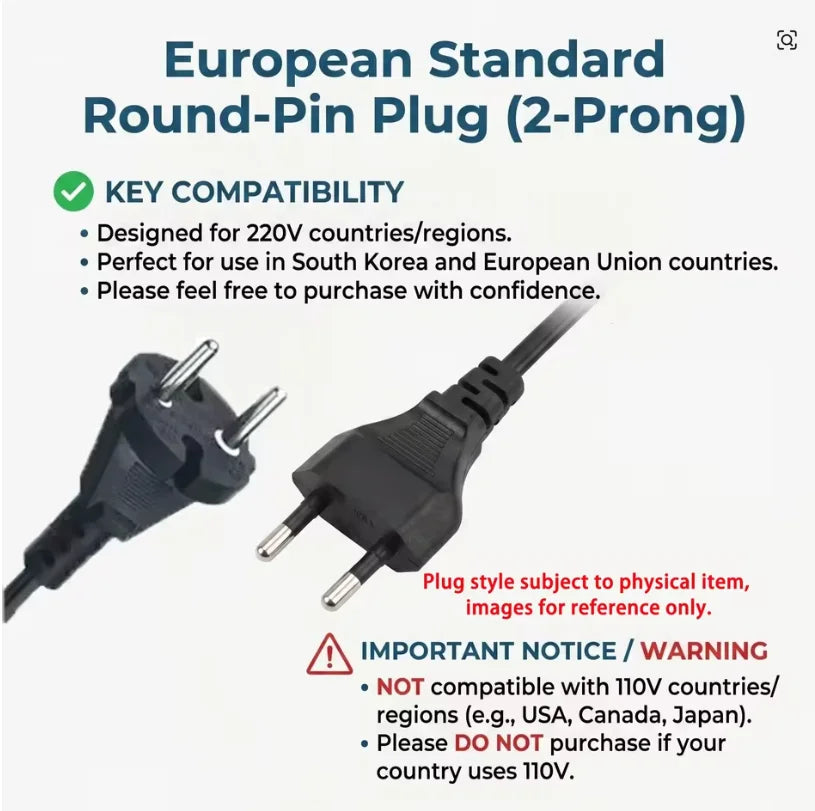 European standard 2-prong power plug for 220V hair styler, compatible with EU and South Korea outlets.