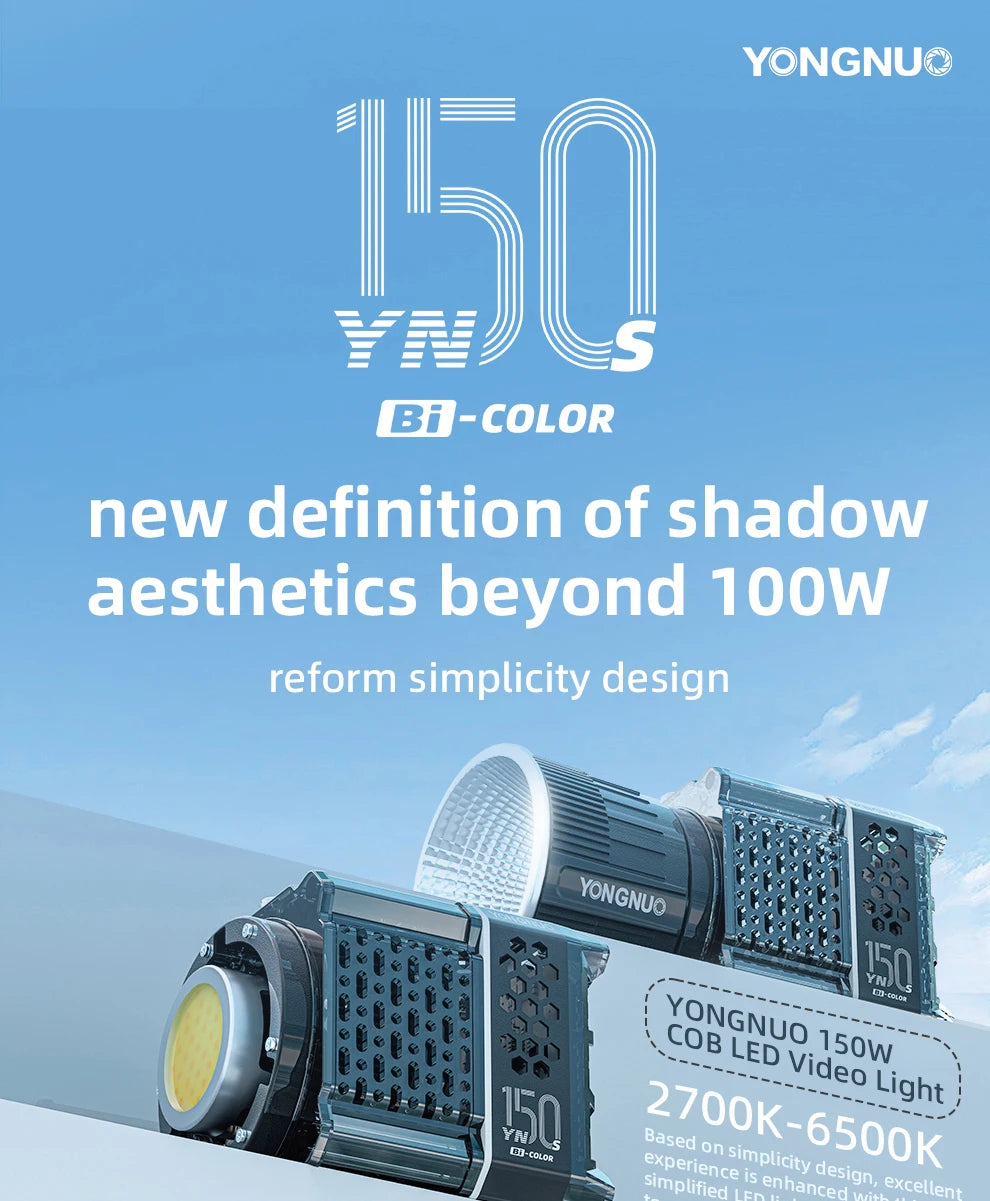 YN150S bi-color COB LED video light featuring a compact, rectangular design with a circular front-facing lamp.