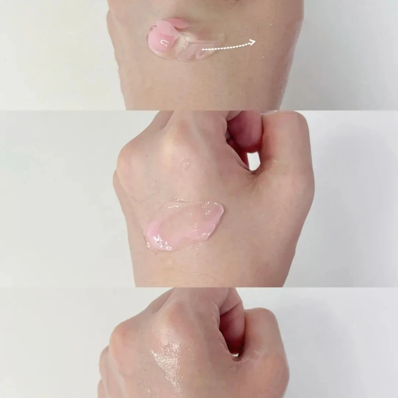 Three-step sequence showing a lightweight pink collagen capsule cream being blended into the skin of a hand.