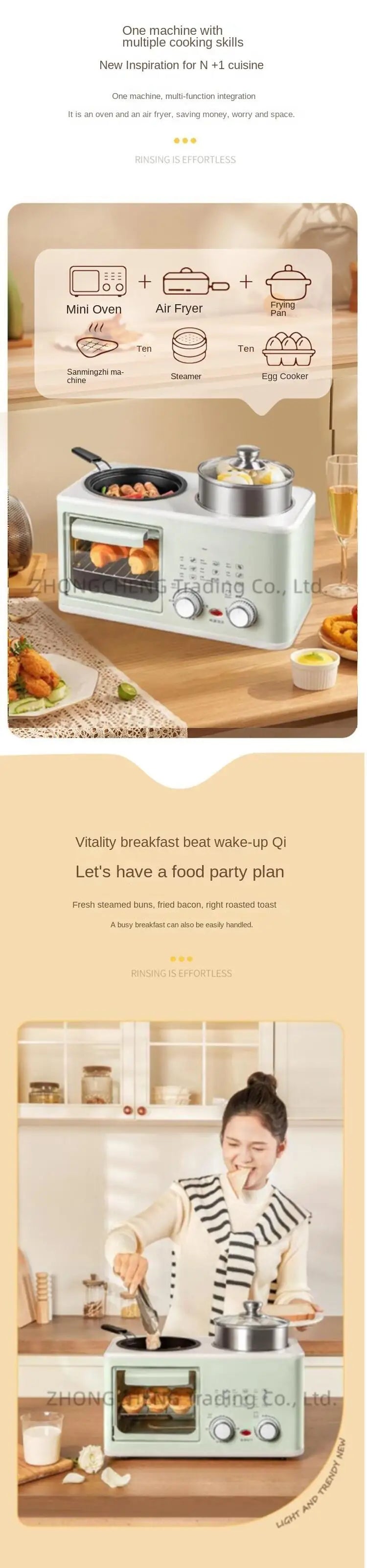 Mini 4-in-1 breakfast oven with steamer pot and black skillet shown on a product card.