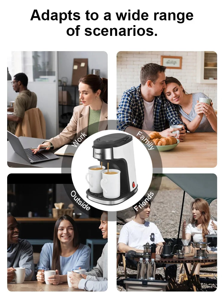 Sonifer compact white and silver dual-cup coffee maker pouring fresh coffee into two white ceramic mugs.