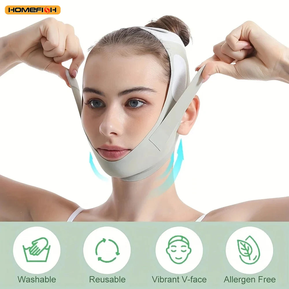 Light gray, adjustable V-line face slimming strap worn around the chin and head for lifting and facial firming.