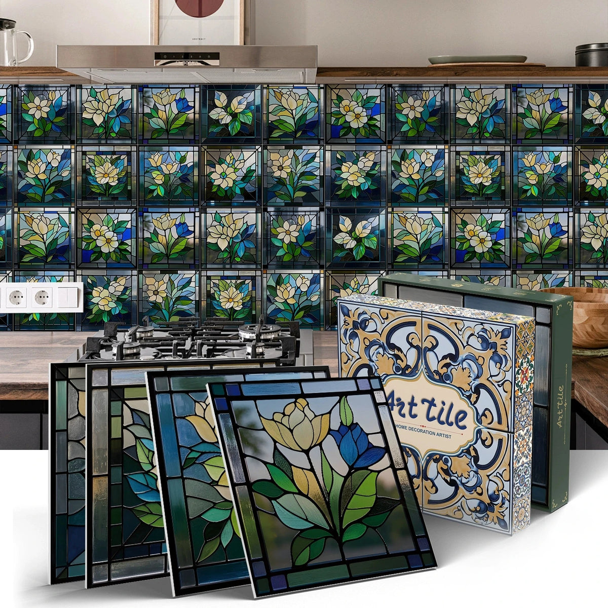 Peel-and-stick mosaic backsplash stickers with blue green floral square tiles