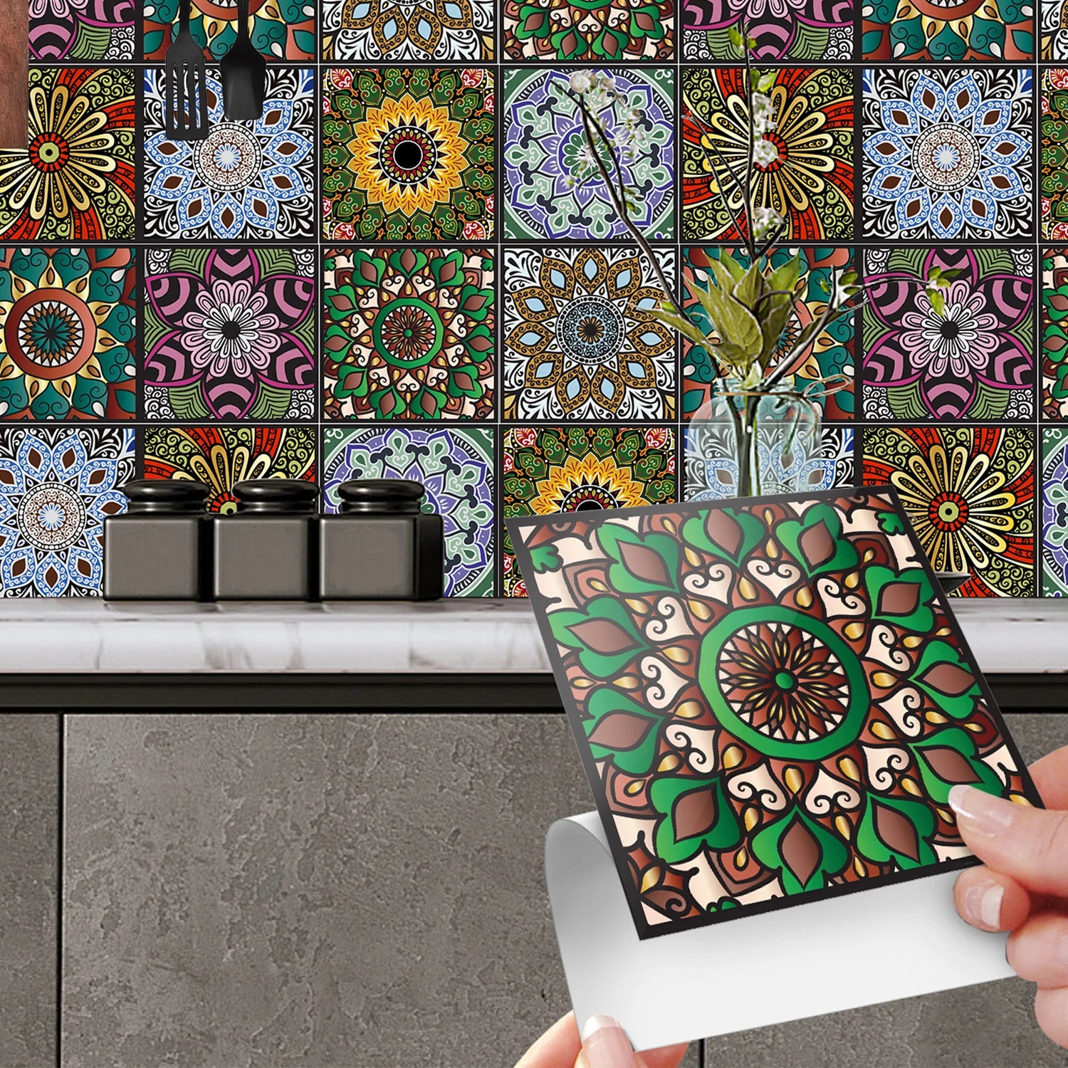 10 pcs/pack, Floral Mandala PVC Self-Adhesive Tile Stickers - Waterproof, Oil-Proof, Easy to Clean for Home Decoration