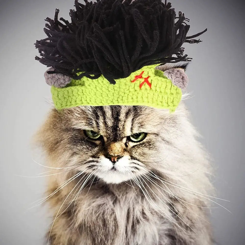 Funny Frankenstein knitted cat hat for cosplay. Adjustable green elastic pet costume cap for Halloween photos.