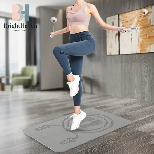 6MM skipping rope mat, anti-noise shock absorption floor mat for fitness. Smart yoga mat, side angle view of jump workout.