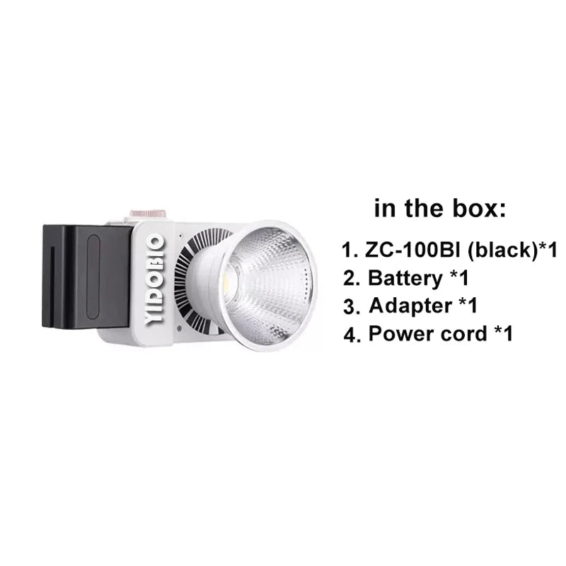 ZC-100BI LED photography light with reflector, battery, power adapter, and cord listed as included accessories.