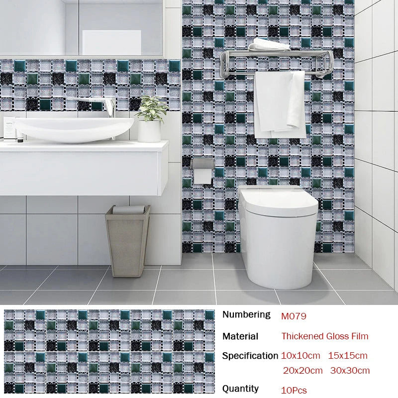 10pcs Flat Mosaic Style Tiles Sticker Kitchen Bathroom Waterproof & Oilproof Art Wall Sticker Peel & Stick Surface Glossy Film