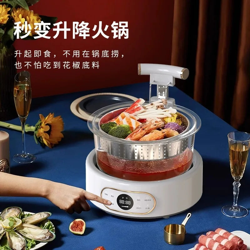 White rice steamer with transparent lid, stainless basket, and seated food inside