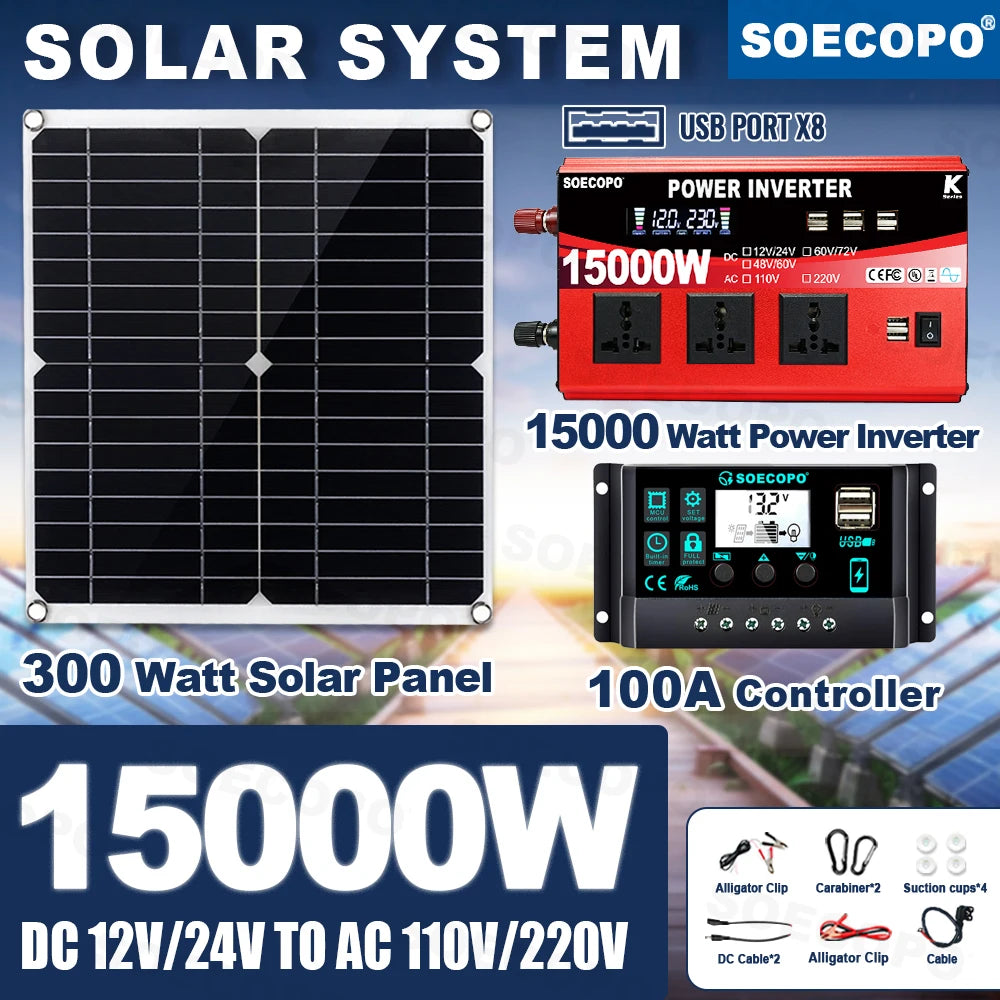 Portable Solar System Kit 15000W Peak 12V 24V To 110V 220V Inverter 3 Universal Sockets 300W Panel 100A Controller for Home RV