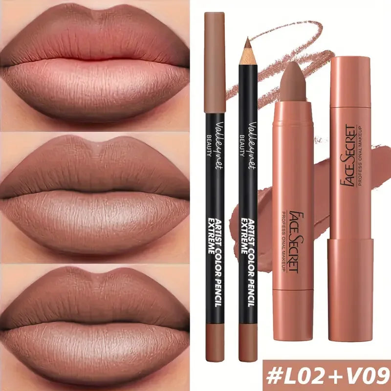 2pc matte velvet lipstick and liner set in deep beige. Waterproof, long-lasting, high-saturation, non-sticky lip makeup.