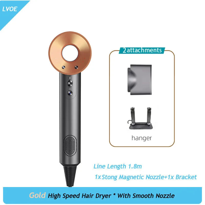 Gold high-speed 1600W ionic hair dryer with magnetic nozzle, wall hanger, and professional salon-grade design.