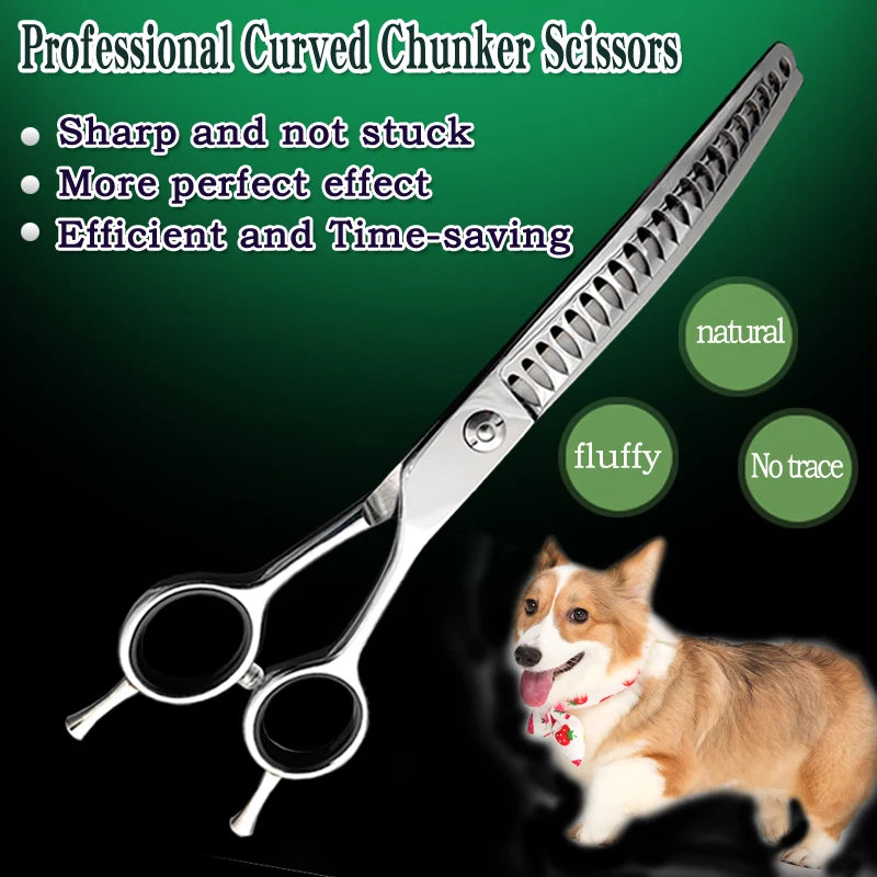7-inch silver fishbone pet grooming shears for professional dog hair trimming and fluffy, no-trace coats.