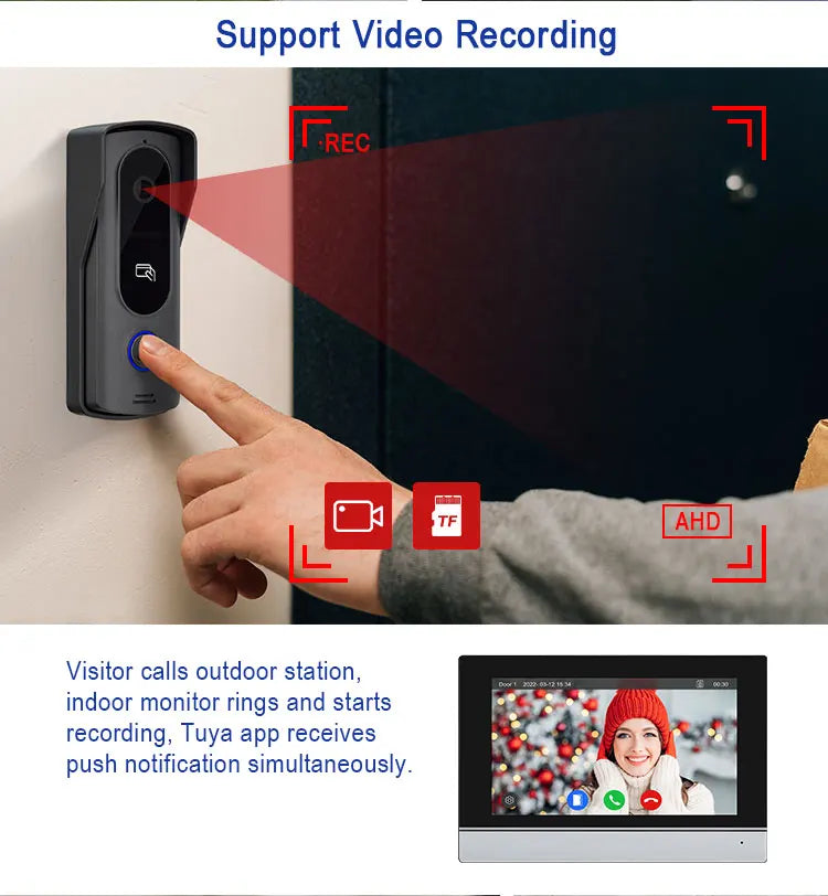 Tuya Wifi 7inch 4 Wires Video Doorbell HD Monitor RFID Metal IR Camera Visual Intercom Two-way Audio APP Unlock Video Door Phone