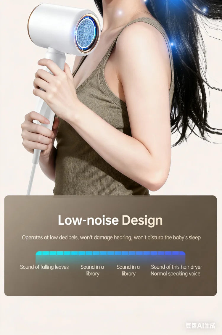 White 1800W low-noise hair dryer with LED temp display and sleek ergonomic design for home or hotel bathroom use.