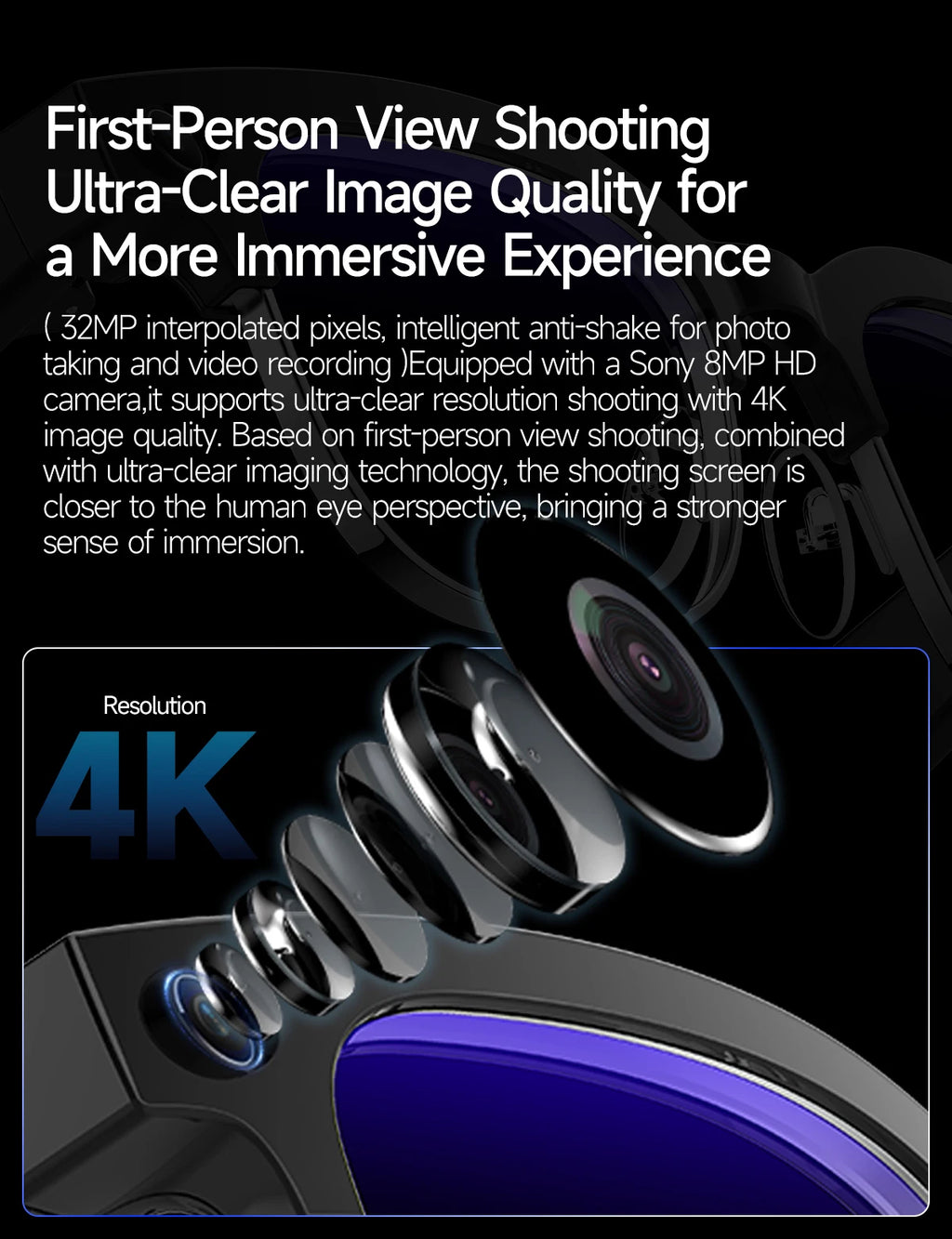 AI Smart Glasses with 8K Camera - Black Bluetooth Mixed Reality Headset Tidesmit