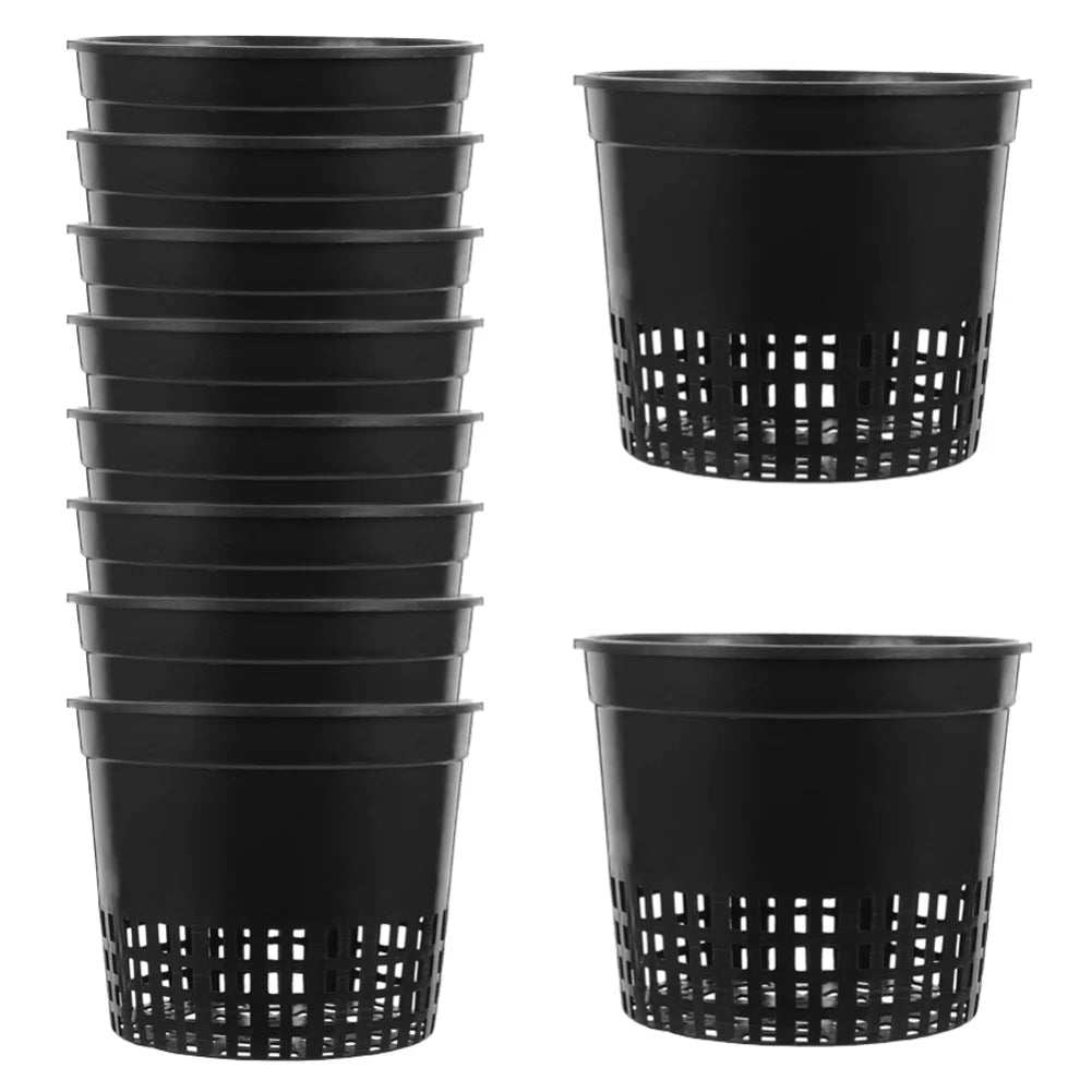 Black stackable hydroponic pots with perforated base for drainage