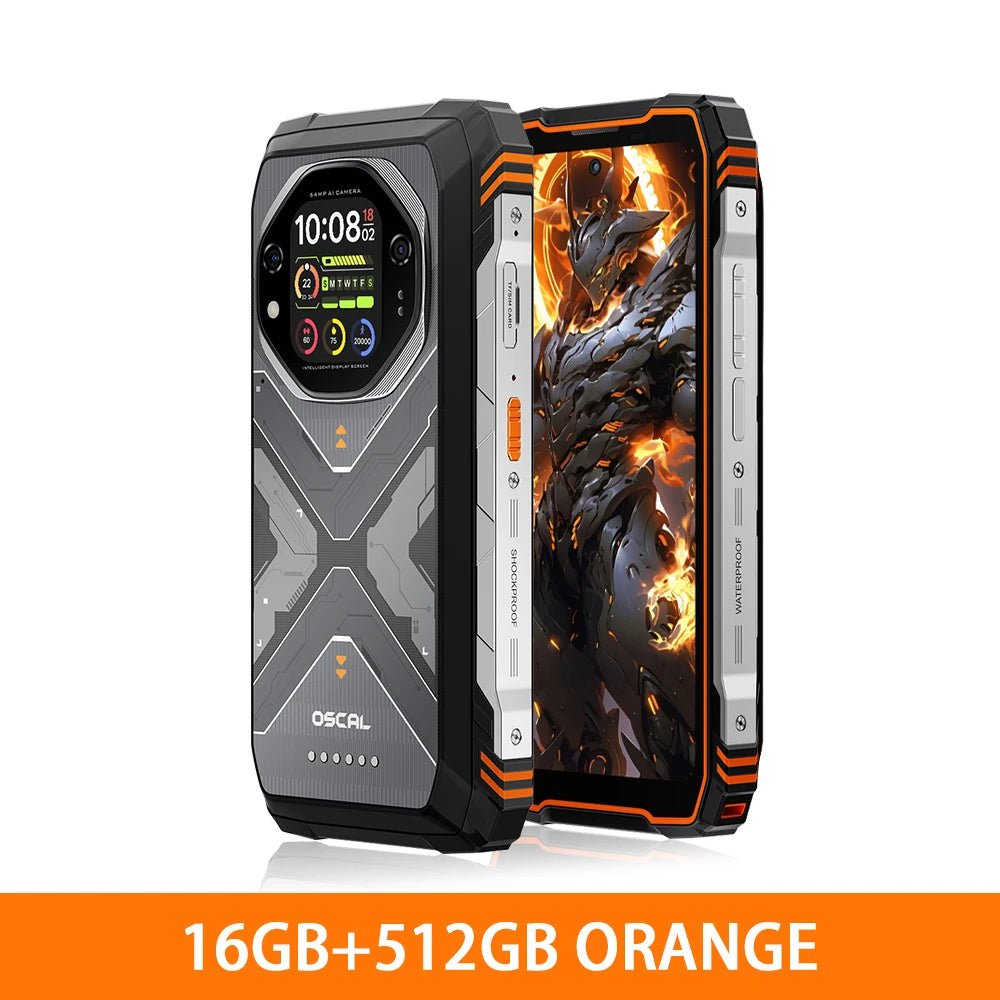 Blackview OSCAL TANK 1 orange rugged 5G smartphone with 6.78" screen, back display, and triple camera view.