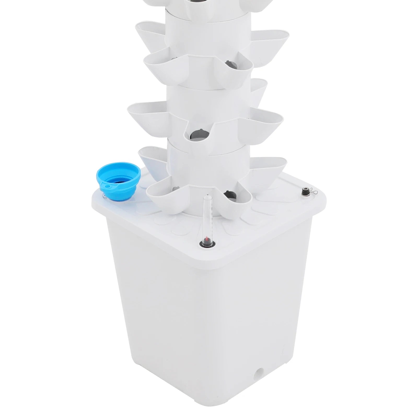 White hydroponic water reservoir base with blue cap and central pump fittings