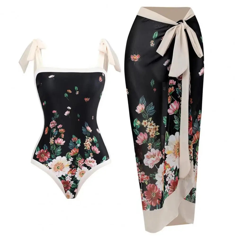 2Pcs/Set Women Monokini Suit Vintage Print One-Piece Square Neck Tie Swimsuit With Skirt Sling Lady Swimsuit With Beach Cover Up