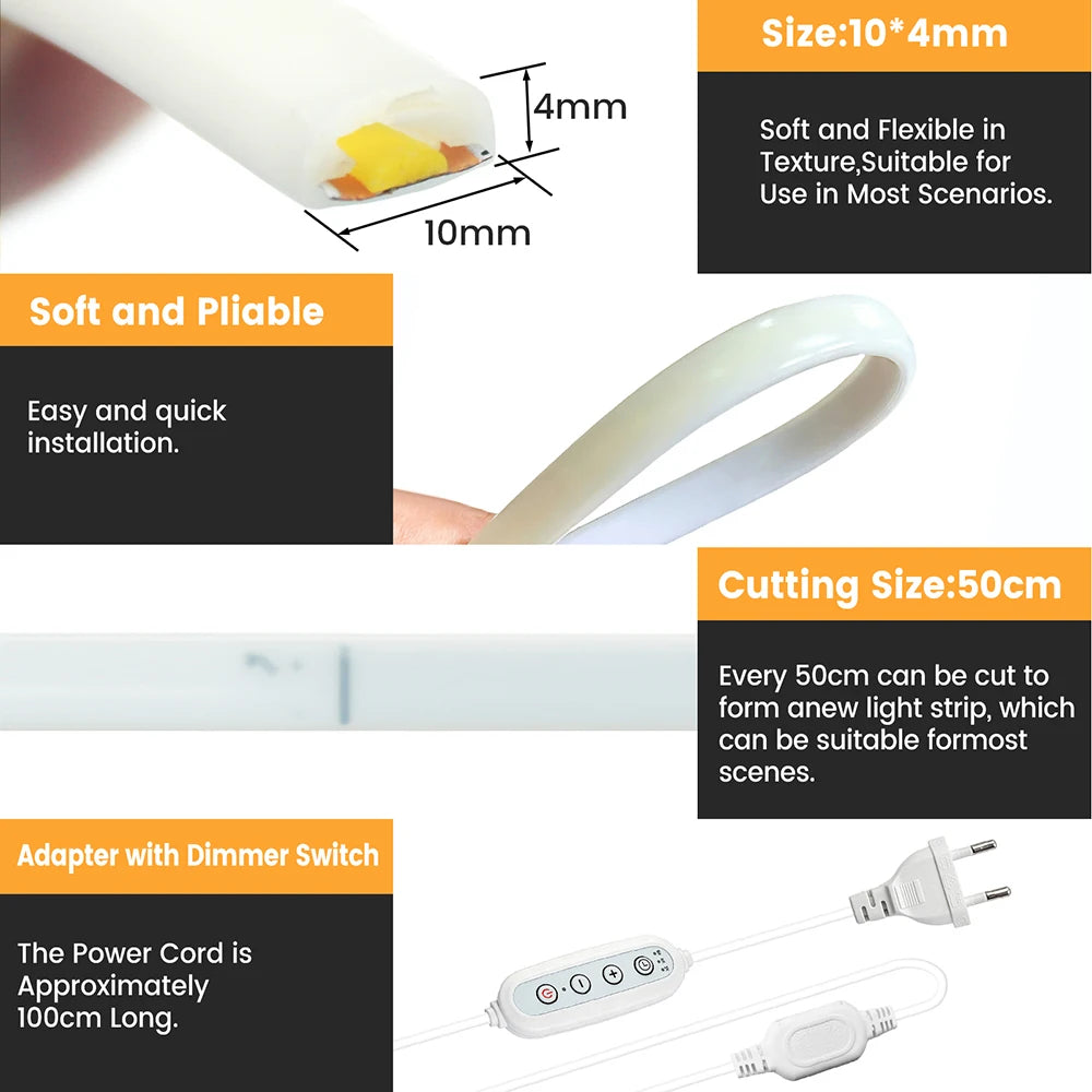 Dimmable 220V COB LED Neon Strip Light 4key Controller EU Plug Flex Tube 3000K 4000K 6000K for Staircase Bar Counter Lighting