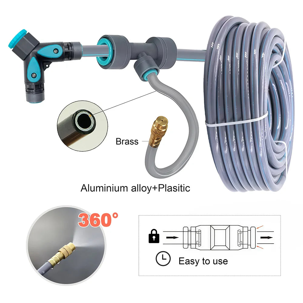 Flexible 360-degree PE hose sprinkler with brass connector and gray-blue plastic fittings
