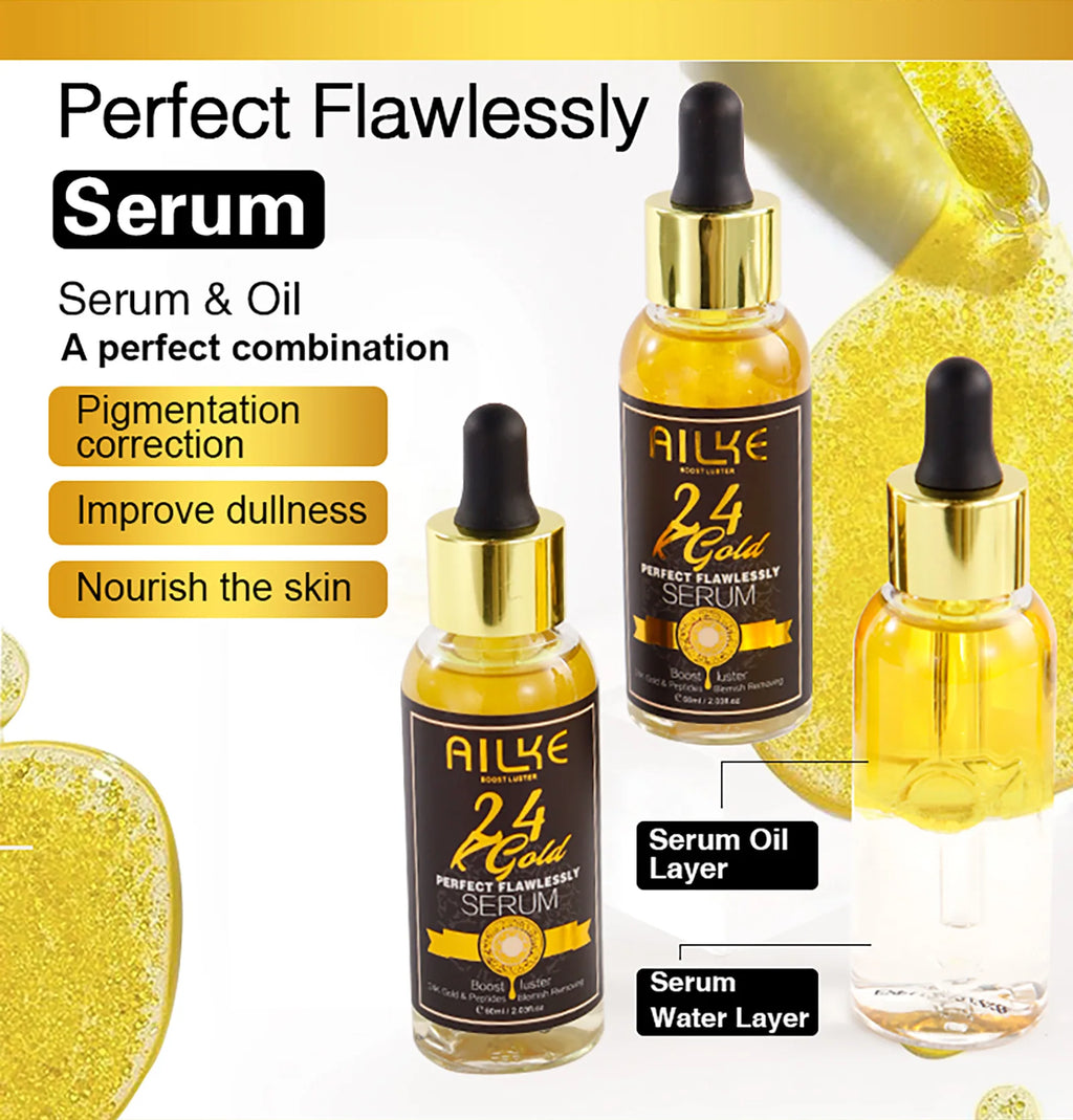 AILKE 24k Gold Flawlessly Whitening Skin Care Set For All Skin Type, Moisturizer, Reduce Black Spots, Smoothing, Brightening