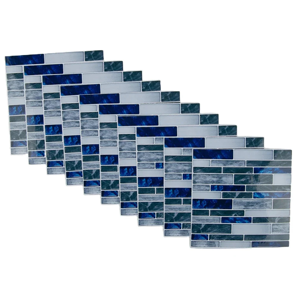Self-adhesive 3D mosaic tile sticker sheet, blue and gray stacked brick pattern
