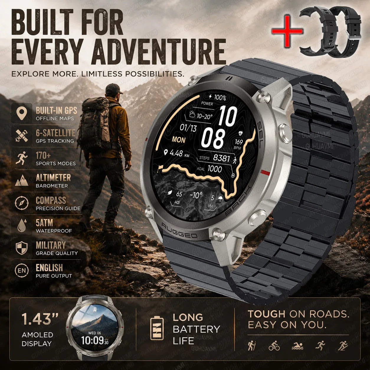 Rugged smart watch with black display map graphic and black textured strap
