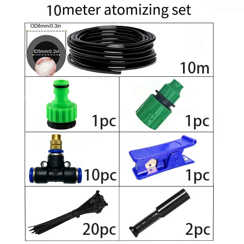 10m atomizing misting set with coiled black tubing, nozzle pieces, fittings, and stakes