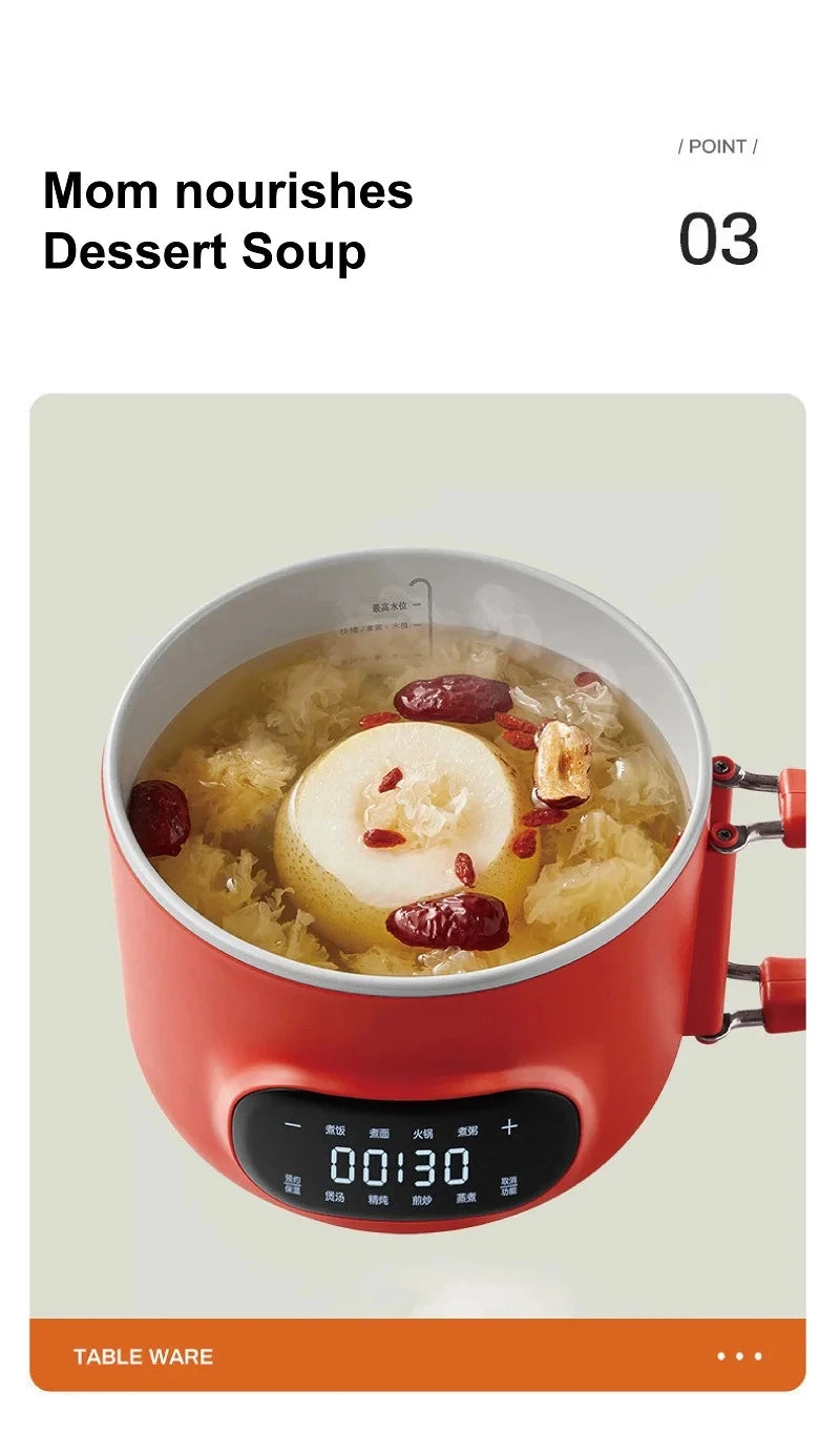 Red electric cooking pot with dessert soup, visible inner lid and digital display