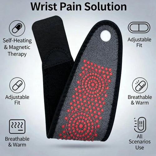 Black magnetic wrist support wrap for pain relief, featuring a grey breathable material with red heat therapy dots.