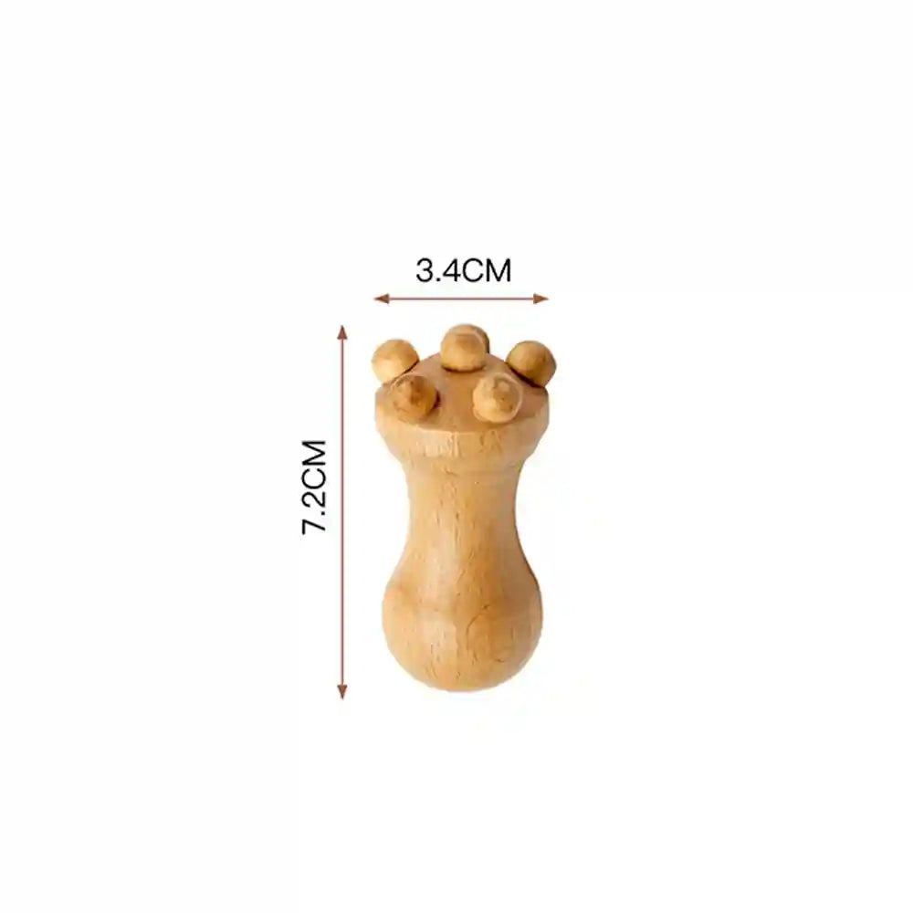 Small, light-wood facial massage tool with a rounded handle and five beaded massage nodes, showing 7.2cm by 3.4cm scale.
