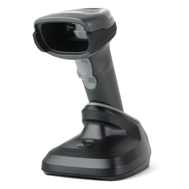 Black handheld barcode scanner gun with cradle base, side profile view