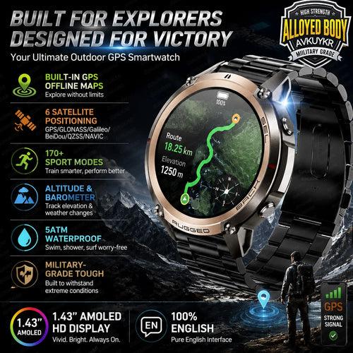 Outdoor tactical smartwatch with black strap, round silver bezel, AMOLED display with green map route