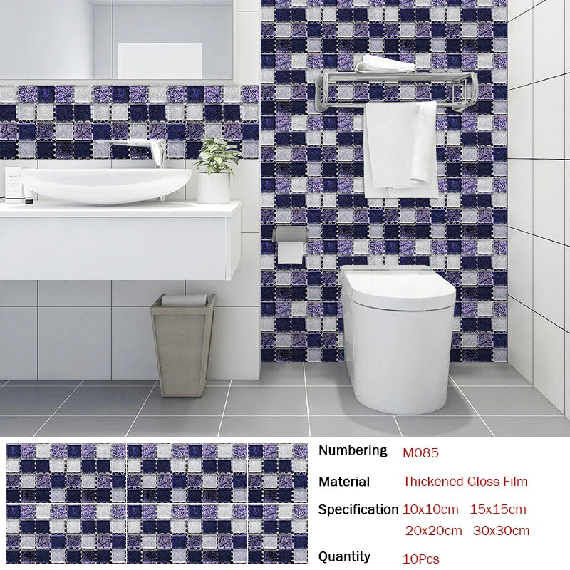 10pcs Flat Mosaic Style Tiles Sticker Kitchen Bathroom Waterproof & Oilproof Art Wall Sticker Peel & Stick Surface Glossy Film