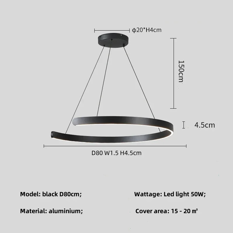 Modern LED Ring Ceiling Chandelier 60cm Black - Minimalist Decor A-black D80cm Tidesmit