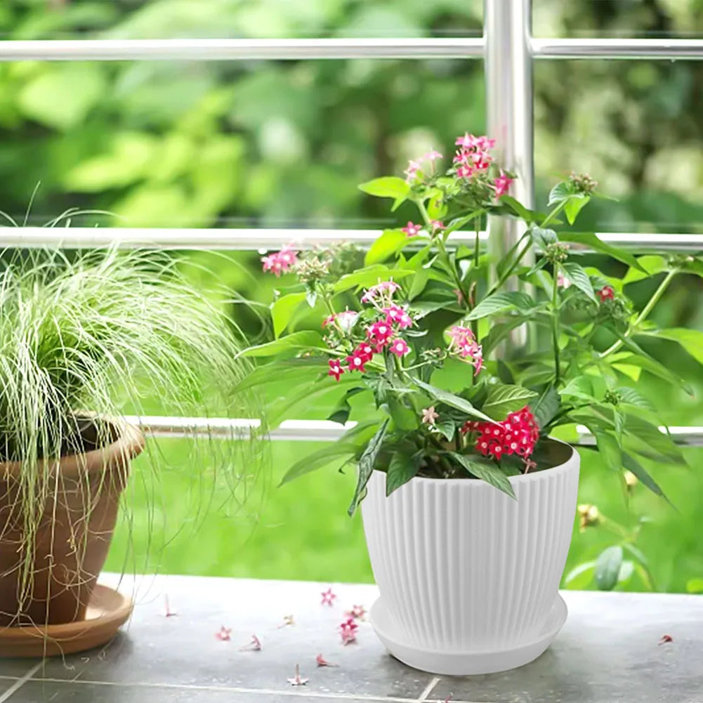 5 Pcs Modern Resin Planters 6 Inch Drainage Hole Flower Pots With Saucers Vertical Stripe Design For Houseplant Garden