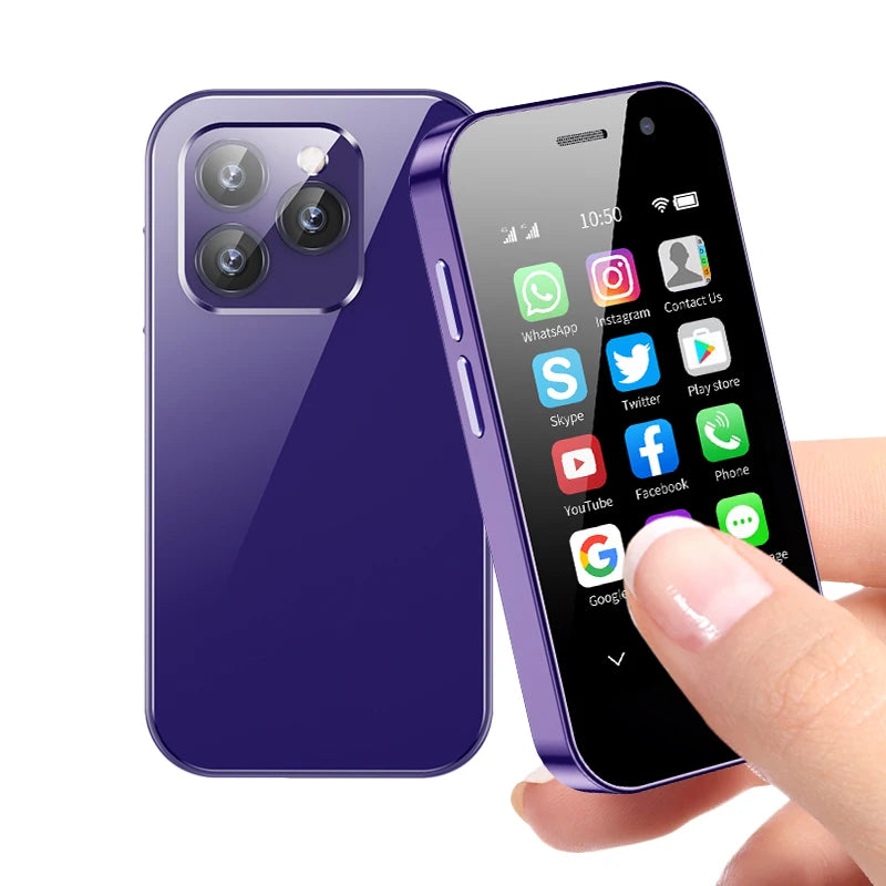 Purple mini smartphone with triple rear cameras, front app icons, hand holding